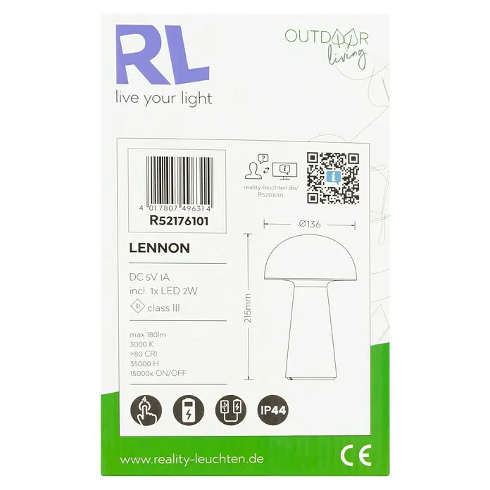 Trio Leuchten Akku-Tischleuchte Lennon - 2 W, Weiß, Warmweiß - Abbildung der Verpackung einer LENNON Leuchte von Reality Leuchten mit technischen Details und dem Hinweis auf Outdoor Living.