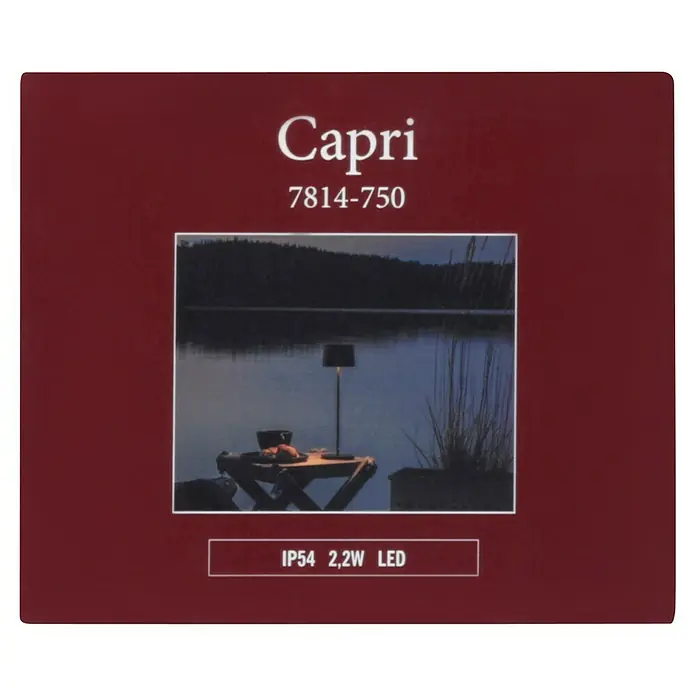 Konstsmide Akku-Tischleuchte Capri - 2,2 W, Schwarz - Nahaufnahme der Capri-Lampe 7814-750, ein eleganter Beleuchtungskörper, der durch ihr modernes Design besticht. Die Lampe erzeugt ein warmes Licht.