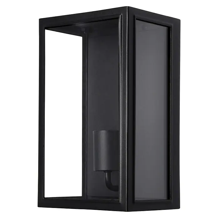 Konstsmide Außenwandleuchte Carpi - 60 W, 13,5 x 18 x 30 cm, Schwarz, IP44 - Eine moderne, mattschwarze Wandleuchte mit einem minimalistischen, rechteckigen Design und einer klaren Glasfront, die eine elegante Beleuchtung bietet.