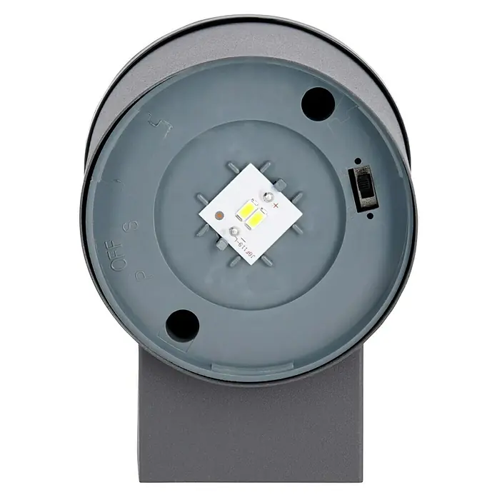 BAUHAUS LED-Solar-AußenwandleuchteAnthrazit, 12 x 9 x 12,5 cm - Produktansicht einer grauen Wandleuchte mit LED-Beleuchtung und Schalter, ideal für den Außenbereich.