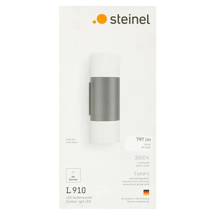 Steinel LED-Außenwandleuchte L 910 anthrazit - 9,8 W, 8,5 x 8 x 23,5 cm, Anthrazit, IP44 - Bild der Steinel L 910 LED-Außenleuchte in Anthrazit, mit 797 lm Lichtstrom, 3000 K Farbtemperatur und 3 Jahren Herstellergarantie.