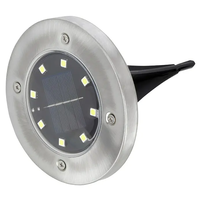 BAUHAUS Juego de lámparas solares - 0,1 W, Plateado, IP44, 3 lm - Primer plano de una luz solar plateada para exteriores con luces LED y una estaca de tierra negra.
