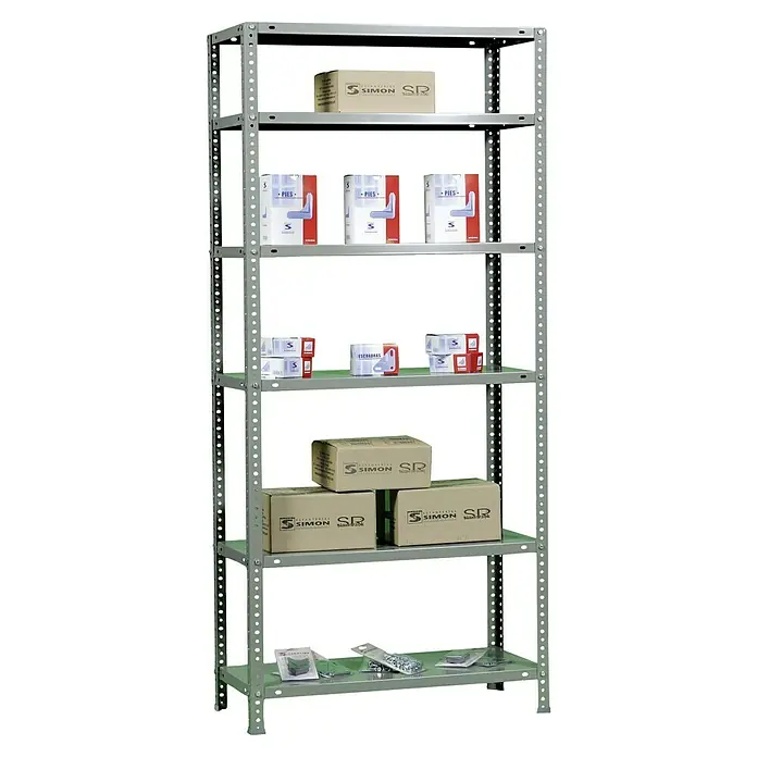 Simonrack Simonclassic Estantería metálica Advantage - Al x An x Pr: 200 x 90 x 30 cm, Capacidad de carga por balda: 75 kg, Número de baldas: 6 ud., Atornillado, Gris - Imagen de una estantería metálica gris con seis estantes llenos de varios productos, incluyendo cajas y contenedores etiquetados como SIMON.