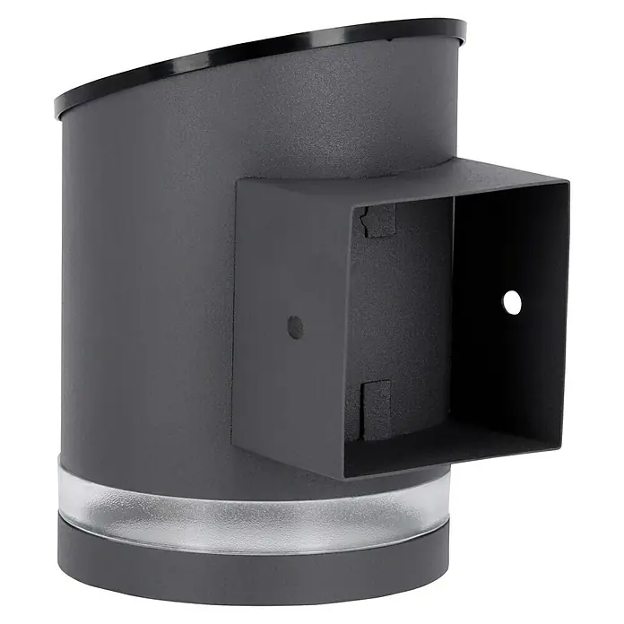 BAUHAUS LED-Solar-AußenwandleuchteAnthrazit, 12 x 9 x 12,5 cm - Nahaufnahme eines modernen, grauen Außenwandleuchte mit einem klaren, zylindrischen Lampenschirm und einem markanten, rechteckigen Anbauelement.
