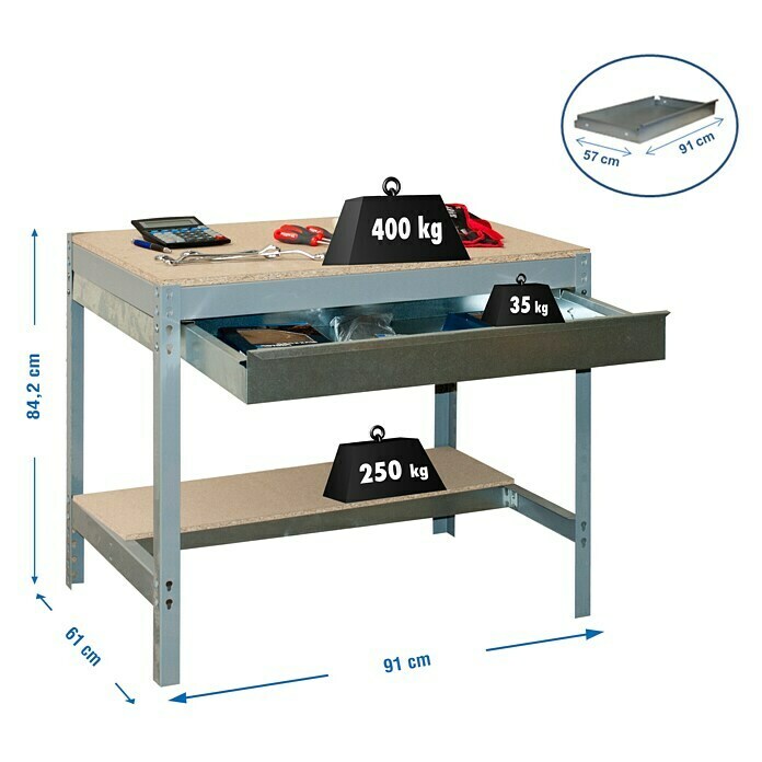 Simonrack Simonwork Banco de trabajo BT0 Box (L x Al: 61 x 84,2 cm, Ancho: 91 cm, Capacidad de carga: 600 kg, Gris)