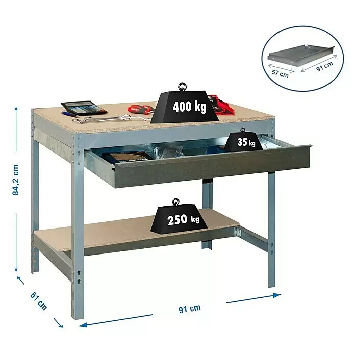 Simonrack Simonwork Banco de trabajo BT0 Box - L x An: 61 x 91 cm, Altura de trabajo: 84,2 cm, Carga soportada: 600 kg, Gris - Banco de trabajo de metal galvanizado con dos estantes de aspecto de madera y un cajón, de 84,2x91x61 cm, mostrando cargas de 400kg (superior), 250kg (inferior) y 35kg (cajón).