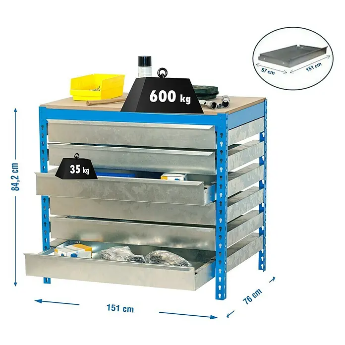 Simonrack Simonwork Banco de trabajo BT5 Box - L x An: 76 x 151 cm, Altura de trabajo: 84,2 cm, Carga soportada: 810 kg, Azul - Banco de trabajo con cajones, marcado con pesos (600 kg en la parte superior, 35 kg en un cajón) y dimensiones (84,2 cm de altura, 151 cm de ancho).