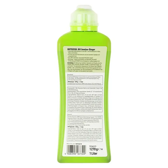 Biotrissol Bio-Gemüsedünger - 1.000 ml - BIOTRISSOL BIO Gemüse-Dünger: Eine grüne Flasche mit Etikett, ideal für den Gemüseanbau im Beet, Kübel und Hochbeet.