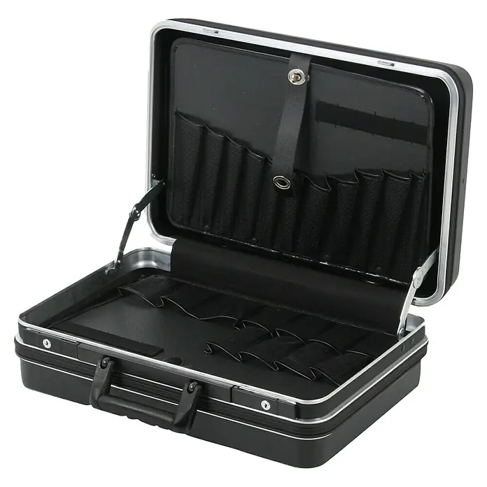Hepco & Becker Werkzeugkoffer Classic 5112 - L x B: 370 x 490 mm, Höhe: 200 mm, ABS Pro - Offener schwarzer Friseurkoffer mit silbernen Beschlägen und Fächern zur sicheren Aufbewahrung von Werkzeugen.