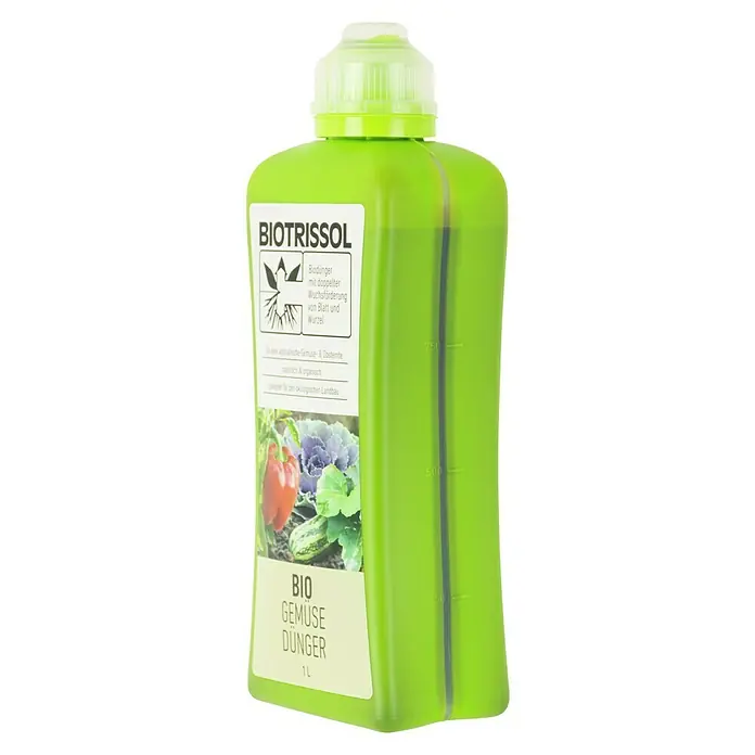 Biotrissol Bio-Gemüsedünger - 1.000 ml - Ein Liter Biotrisol Bio Gemüsedünger in einer grünen Flasche, ideal für den ökologischen Landbau und zur Förderung des Wachstums von Gemüse.