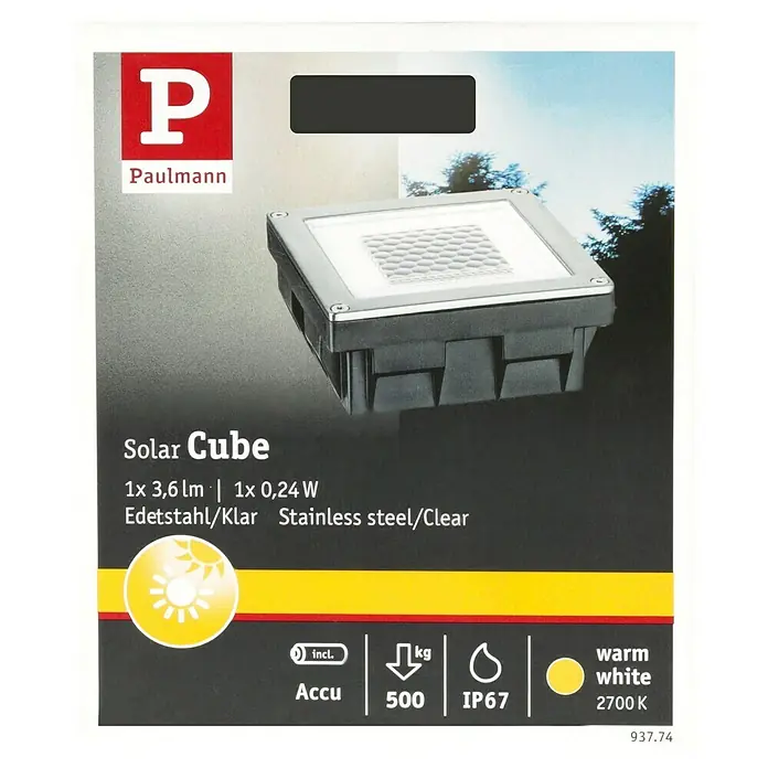 Paulmann LED-Außenwegleuchte Cube - Warmweiß, L x B x H: 10 x 10 x 4,5 cm - Produktverpackung einer Paulmann Solar Cube Leuchte aus Edelstahl/Klar mit 1x 3,6 lm, 1x 0,24 W, Akku, IP67 und 2700K warmweiß.