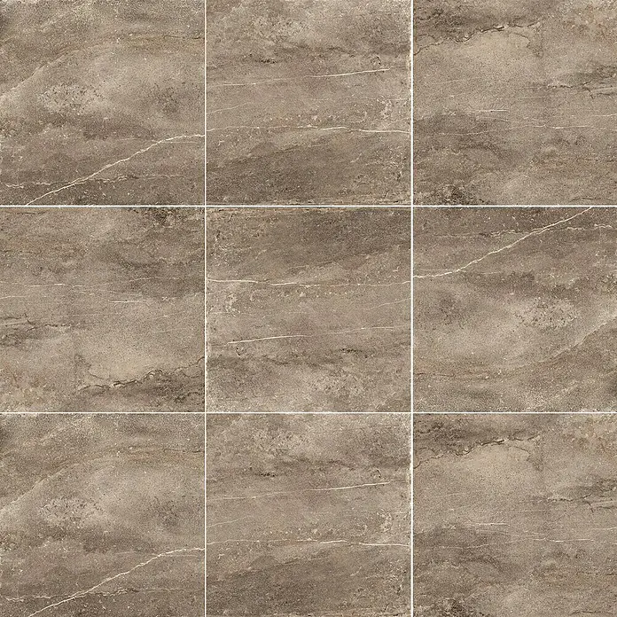 Terrassenfliese Aspen 2.0 - 60 x 60 x 2 cm, Braun, Matt - Nahaufnahme von neun braunen Marmorfliesen, die ein elegantes, natürliches Muster mit subtilen weißen Adern zeigen.