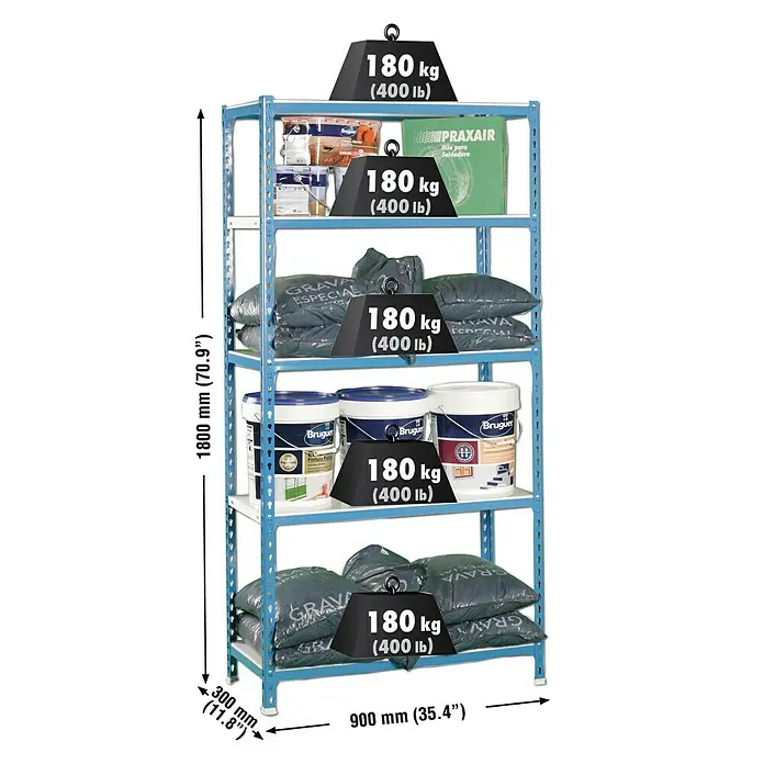 Simonrack Simonclick Estantería metálica - Al x An x Pr: 180 x 90 x 30 cm, Capacidad de carga por balda: 180 kg, Número de baldas: 5 ud., Inserción, Azul/Blanco - Ilustración de una estantería metálica azul con cinco estantes cargados con latas de pintura, sacos y otros artículos.
