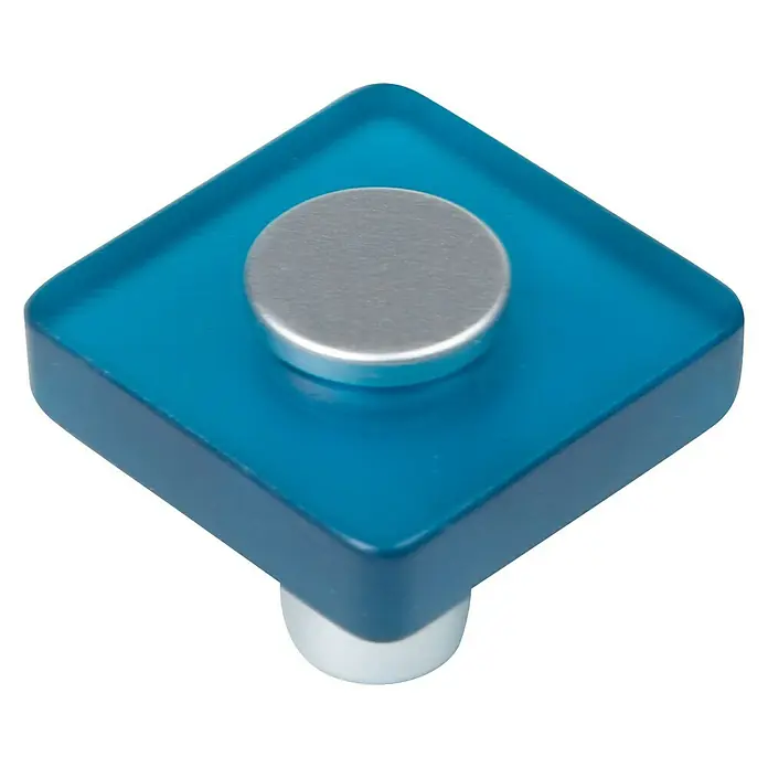 Nesu Tirador para muebles 621AZ - L x An x Al: 3 x 2,6 x 1,2 cm, Plástico, Azul - Pomo de vidrio cuadrado azul para armario con accesorio plateado, ideal para muebles modernos.
