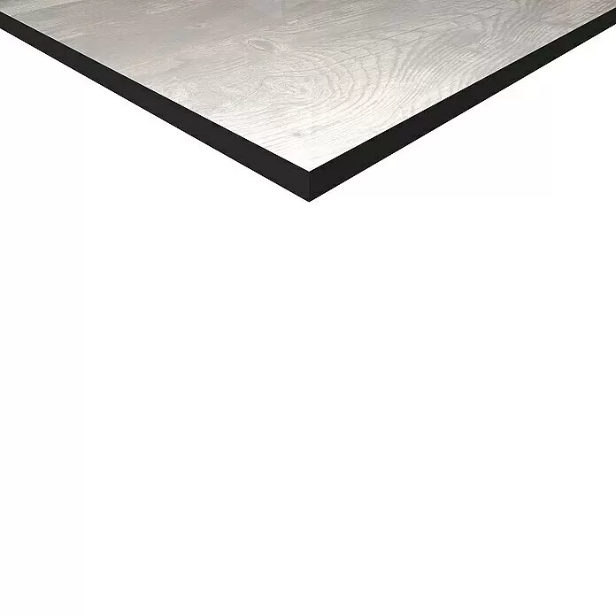 Terrassenfliese Skandinavia 2.0 - 40 x 120 x 2 cm, Grau/Braun, Matt - Ecke einer rechteckigen Platte mit heller Holzmaserung und schwarzem Rand.