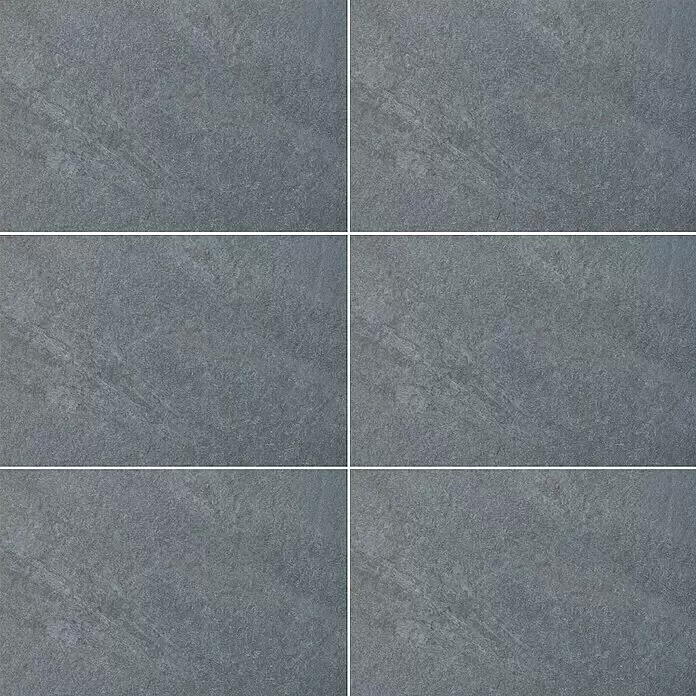 Terrassenfliese Manhattan 2.0 - 60 x 90 x 2 cm, Grau, Matt - Sechs graue, matte Keramikfliesen mit Naturstein-Textur im Rastermuster angeordnet.