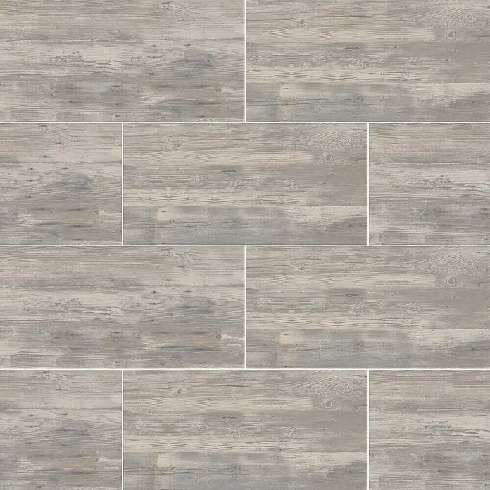 Terrassenfliese Skandinavia 2.0 - 40 x 120 x 2 cm, Grau/Braun, Matt - Graue Holzbodenfliesen mit markanter Maserung für einen modernen Look. Die Paneele sind rechteckig und durch weiße Linien abgetrennt.