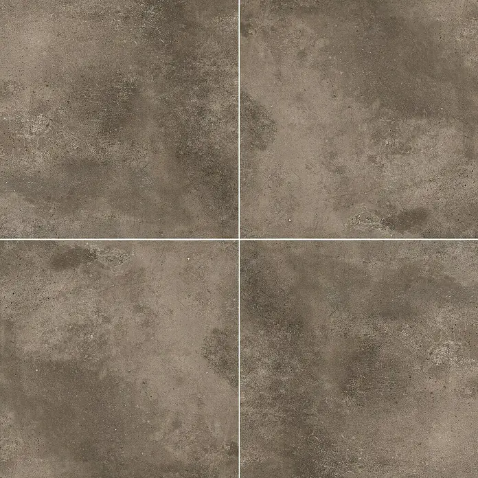 Terrassenfliese Neapel 2.0 - 60 x 60 x 2 cm, Braun, Matt - Nahaufnahme von vier grauen Steinzeugfliesen, die eine robuste und moderne Ästhetik für Bodenbeläge zeigen.\n