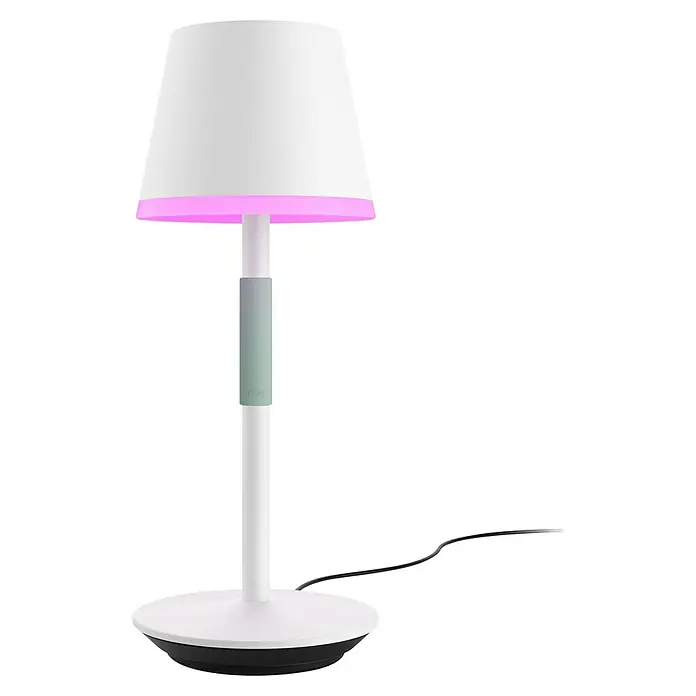 Philips Hue Akku-Tischleuchte Go Portable - 6,2 W, L x B x H: 21,9 x 20,9 x 38,8 cm, Mehrfarbig, Weiß - Moderne Philips Hue Tischleuchte mit weißem Lampenschirm und Farbverlauf, ideal für stimmungsvolle Beleuchtung im Raum.