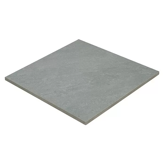 Terrassenfliese Manhattan 2.0 - 60 x 60 x 2 cm, Grau, Matt - Quadratische graue Fliese mit strukturierter Oberfläche, schräg dargestellt.