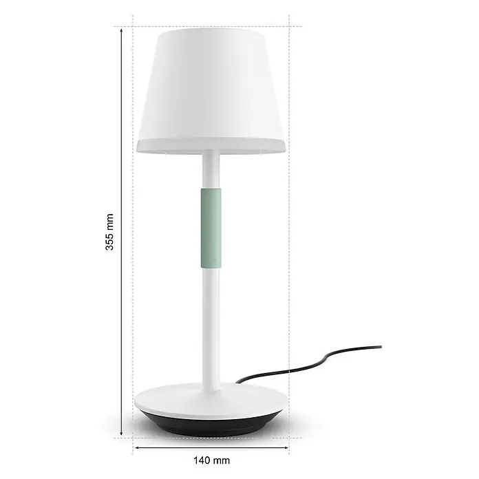 Philips Hue Akku-Tischleuchte Go Portable - 6,2 W, L x B x H: 21,9 x 20,9 x 38,8 cm, Mehrfarbig, Weiß - Nahaufnahme einer Hue Tischleuchte mit Größenangaben von 355 mm Höhe und 140 mm Durchmesser.
