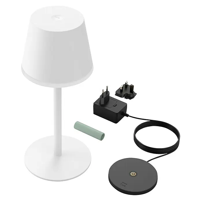 Philips Hue Akku-Tischleuchte Go Portable - 6,2 W, L x B x H: 21,9 x 20,9 x 38,8 cm, Mehrfarbig, Weiß - Weiße Philips Hue Tischleuchte mit Zubehör wie Netzteil, Stecker und Dimmschalter für stimmungsvolle Beleuchtung im Zuhause.