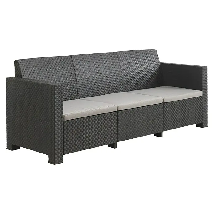 Shaf Conjunto de muebles Belice - 4 pzs., Polipropileno, Grafito - Sofá de ratán gris con tres cojines de asiento. Mueble de exterior cómodo y elegante.