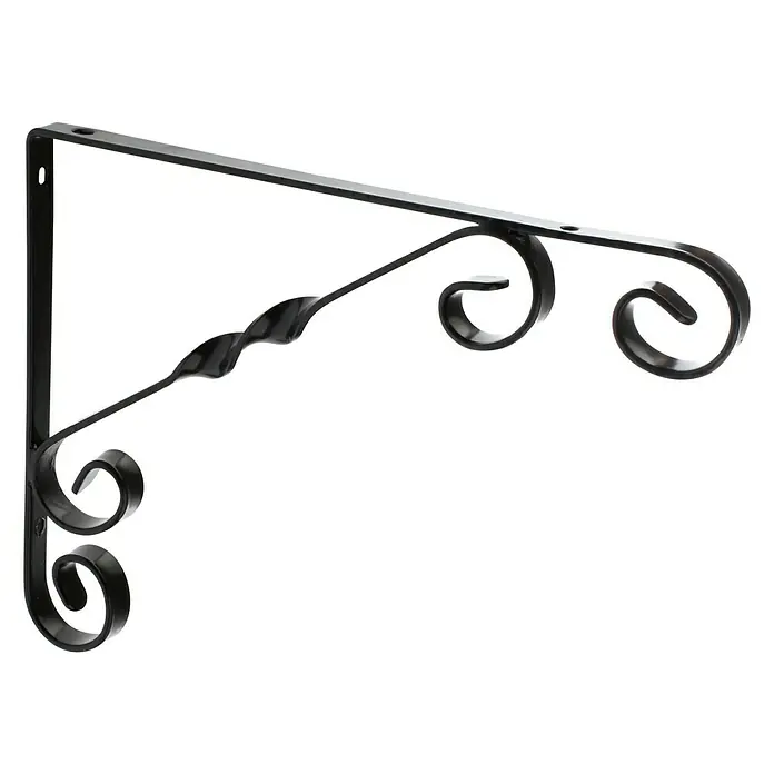 Rei Escuadra de soporte 1475 - L x An x Al: 18 x 23 x 1,2 cm, Negro - Soporte de pared decorativo de metal negro con detalles ornamentales para colgar cestas de flores o faroles.