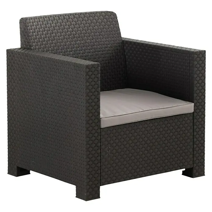 Shaf Conjunto de muebles Belice - 4 pzs., Polipropileno, Grafito - Sillón de mimbre marrón oscuro de forma cuadrada con cojín gris, ideal para uso exterior.