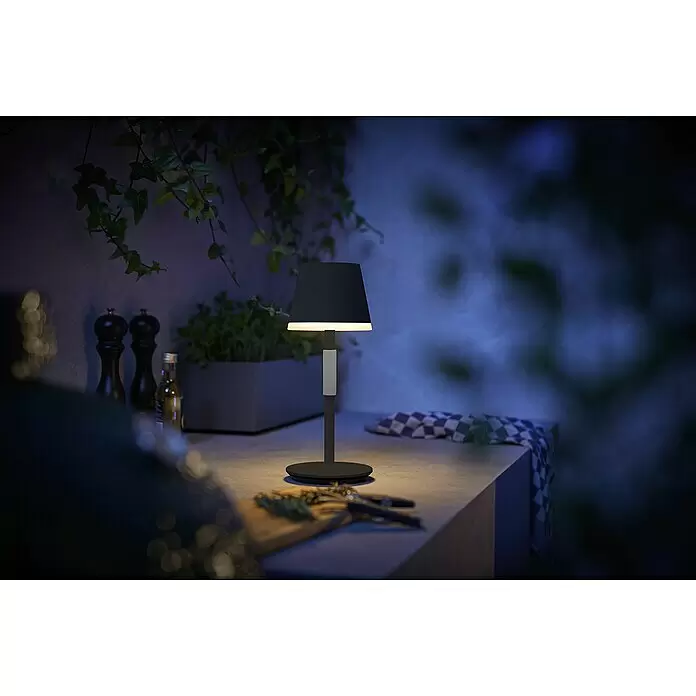 Philips Hue Akku-Tischleuchte Go Portable - 6,2 W, L x B x H: 21,9 x 20,9 x 38,8 cm, Mehrfarbig, Schwarz - Eine schwarze tragbare Tischlampe mit silbernem Akzent steht auf einer Arbeitsplatte im Freien und beleuchtet Kräuter und Esszubehör.