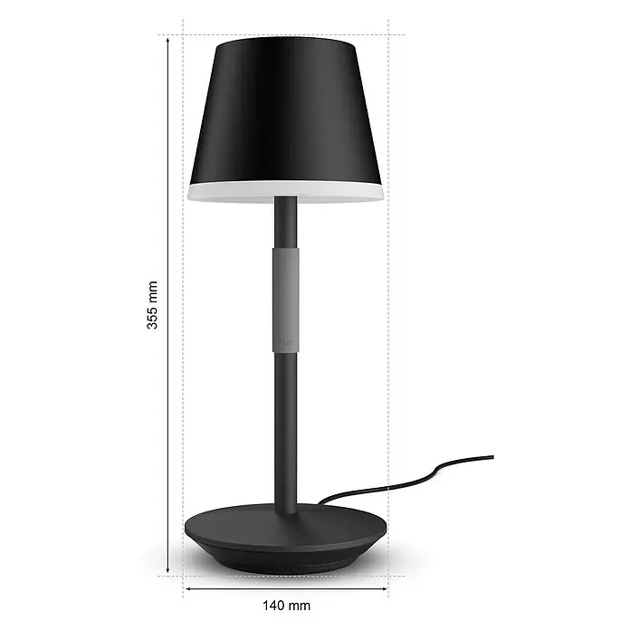 Philips Hue Akku-Tischleuchte Go Portable - 6,2 W, L x B x H: 21,9 x 20,9 x 38,8 cm, Mehrfarbig, Schwarz - Abbildung einer Philips Hue Tischleuchte mit Maßangaben zu Höhe und Durchmesser der Basis.