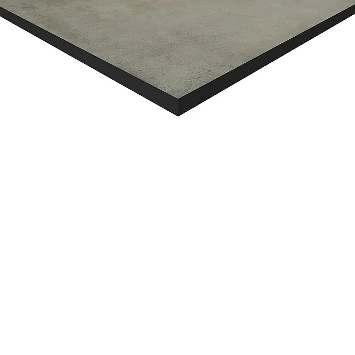 Terrassenfliese Revesto 2.0 - 60 x 60 x 2 cm, Grau, Matt - Detailaufnahme einer grauen Tischplatte mit schwarzer Kante, ideal für moderne Einrichtungen und minimalistisches Design.