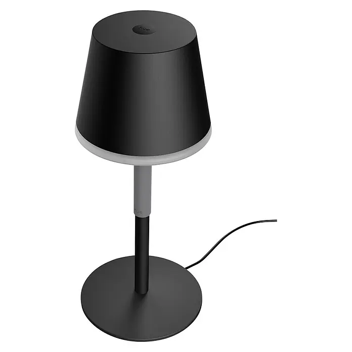 Philips Hue Akku-Tischleuchte Go Portable - 6,2 W, L x B x H: 21,9 x 20,9 x 38,8 cm, Mehrfarbig, Schwarz - Elegante Philips Hue Tischleuchte mit schwarzem Schirm und grauer Basis für stimmungsvolle Beleuchtung im Raum.