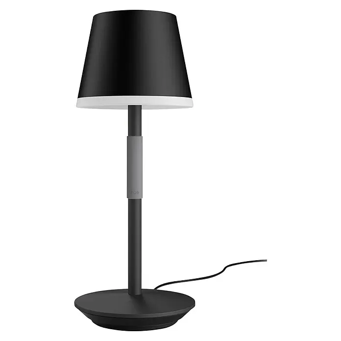 Philips Hue Akku-Tischleuchte Go Portable - 6,2 W, L x B x H: 21,9 x 20,9 x 38,8 cm, Mehrfarbig, Schwarz - Elegante Philips Hue Tischleuchte mit schwarzem Schirm und dimmbarem, warmweissem Licht für stimmungsvolle Beleuchtung in jedem Raum.
