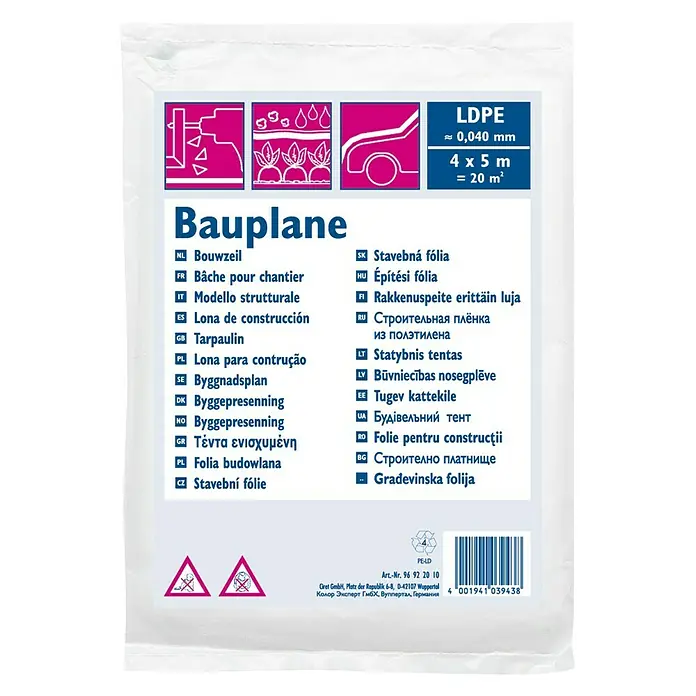 Film protector Cubretodo - 5 x 4 m, Espesor: 0,04 mm - 40 µm - Cubierta Bauplane: Cubierta Bauplane transparente y duradera, perfecta para diversas tareas de construcción y cobertura, de 4 x 5 metros.