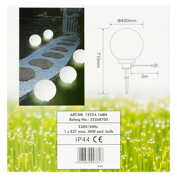 Starlux Kugel-Außenleuchte Kira40 cm, Weiß - Abbildung einer Gartenkugel-Leuchte mit den Maßen 710mm Höhe und 400mm Durchmesser, Leistungsdaten und Barcode.