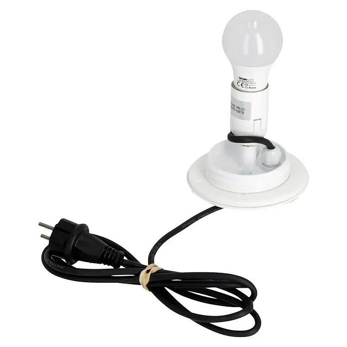 New Garden Design-Außenleuchte Buly 40 - Durchmesser: 40 cm, E27, IP65 - LED-Lampe mit Fassung und Stecker. Die Lampe ist weiß und hat eine runde Form. Das Kabel ist schwarz und wird mit einem Gummiband zusammengehalten.