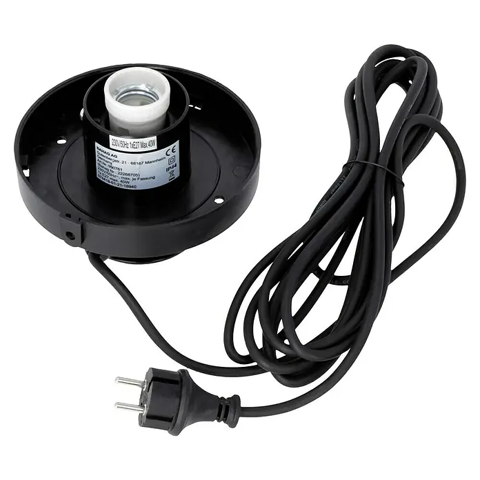 Starlux Kugel-Außenleuchte Kira - 40 cm, Weiß - Nahaufnahme einer schwarzen Lampenfassung mit Kabel und Stecker. Die Fassung ist für E27-Glühbirnen bis 40W geeignet.