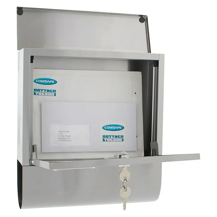 Rottner Wandbriefkasten Costa - L x B x H: 305 x 335 x 100 mm, Edelstahl, Edelstahl, Zeitungsfach - Geöffneter Edelstahl-Briefkasten mit eingelegter Post und Schlüssel am Schloss, Marke Rottner Tresor.