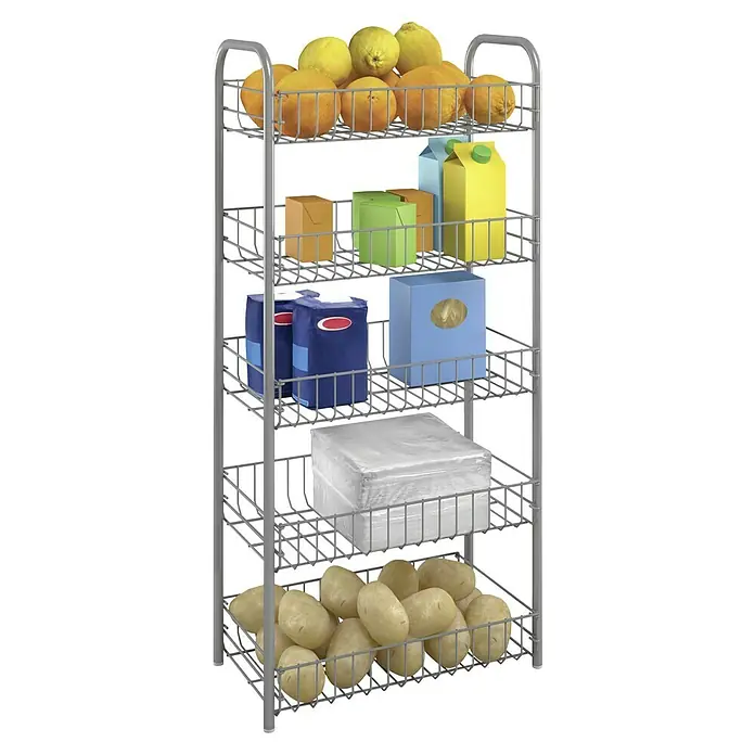 Metaltex Regal Monaco - L x B x H: 41 x 23 x 86 cm, Anzahl Böden: 5 Stk. - Ein rollbarer Küchenwagen mit fünf Ablagekörben, gefüllt mit Lebensmitteln wie Orangen, Zitronen, Säften, Kartoffeln und weiteren Vorräten.