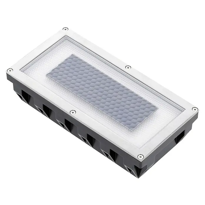 Paulmann LED-Außenwegleuchte Box - Warmweiß, L x B x H: 20 x 10 x 5,1 cm - Nahaufnahme einer rechteckigen Bodenleuchte mit silberner Einfassung und einem grauen Wabenmuster-Einsatz.