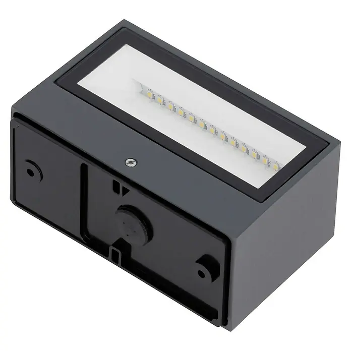 Lutec LED-Außenwandleuchte Gemini - 10,5 W, 14 x 9 x 6,5 cm, Anthrazit, IP54 - Nahaufnahme einer rechteckigen LED-Wandleuchte mit modernem Design, ideal für Innen- und Außenbereiche.