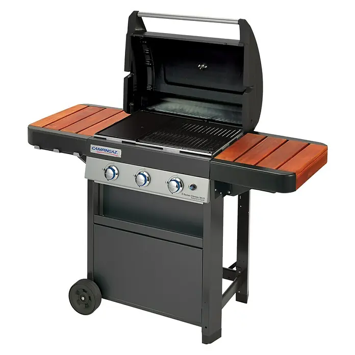 Campingaz Barbacoa de gas Classic WLD - Superficie de la parrilla (An x Pr): 61 x 46 cm, Número de quemadores: 3 - Barbacoa de gas Campingaz 3 Series Classic WLD con tres quemadores, termómetro integrado y dos mesas laterales para asar al aire libre.