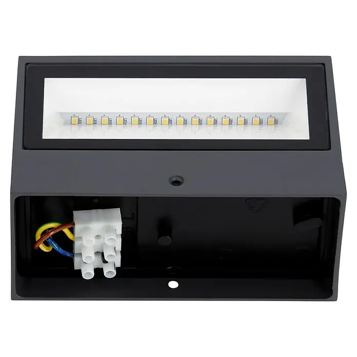 Lutec LED-Außenwandleuchte Gemini - 10,5 W, 14 x 9 x 6,5 cm, Anthrazit, IP54 - Nahaufnahme einer grauen LED-Wandleuchte mit sichtbaren internen Kabeln und Komponenten.