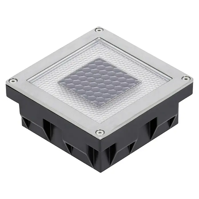 Paulmann LED-Außenwegleuchte Cube - Warmweiß, L x B x H: 10 x 10 x 4,5 cm - Das Bild zeigt einen quadratischen Bodeneinbaustrahler mit Solarpanel und Edelstahlrahmen, ideal für Außenbereiche.