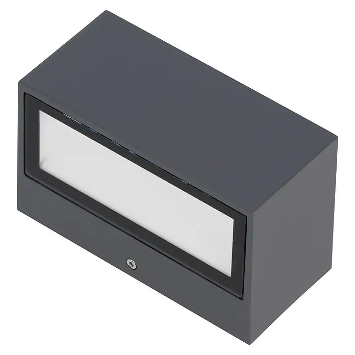 Lutec LED-Außenwandleuchte Gemini - 10,5 W, 14 x 9 x 6,5 cm, Anthrazit, IP54 - Graue, rechteckige Außenwandleuchte mit rechteckiger, weißer Lichtfläche und einer kleinen Schraube zur Befestigung.