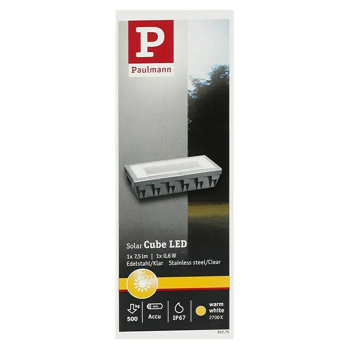 Paulmann Solarleuchte Box0,06 W, Silber, L x B x H: 20 x 10 x 5,1 cm, IP67 - Produktverpackung einer Paulmann Solar Cube LED Leuchte aus Edelstahl/Klar, warmweiß mit 7,5 lm, 0,6 W, inklusive Akku, Schutzart IP67.