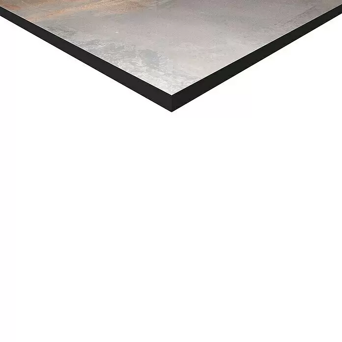 Terrassenfliese Metallic 2.0 - 100 x 100 x 2 cm, Anthrazit, Matt - Ecke einer grauen und rostfarbenen strukturierten Platte mit schwarzem Rand.