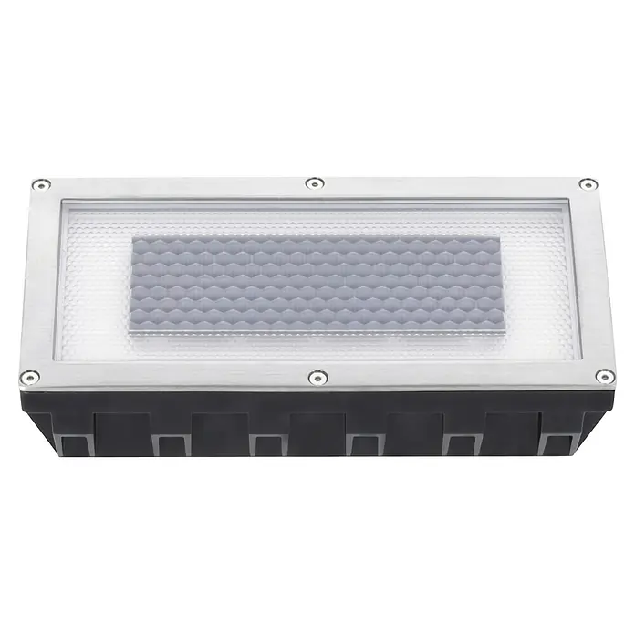 Paulmann Solarleuchte Box0,06 W, Silber, L x B x H: 20 x 10 x 5,1 cm, IP67 - Ein rechteckiger LED-Bodeneinbaustrahler mit einer Abdeckung mit Wabenstruktur. Das Gehäuse ist aus Edelstahl und schwarzem Kunststoff.