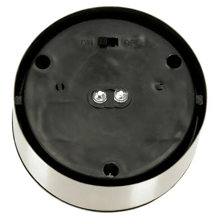 Starlux Solarleuchten-Set Big - Nickel, IP44, 3 lm - Nahaufnahme einer Solarleuchte mit Ein-/Ausschalter und zwei LEDs. Die Leuchte hat ein silbernes Gehäuse und eine schwarze Basis.